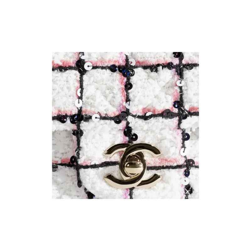 CHANEL Tweed One Shoulder Handbag Mini Women's White & Black & Light Pink-3