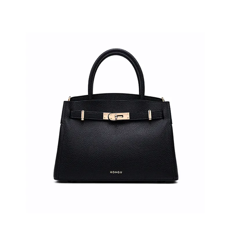 HONGU Split Cow Leather Bonded Synthetic Leather One Shoulder Handbags Women's Khaki Ecru Pitch Black-6