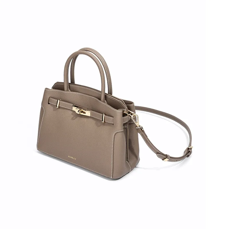 HONGU Split Cow Leather Bonded Synthetic Leather One Shoulder Handbags Women's Khaki Ecru Pitch Black-1