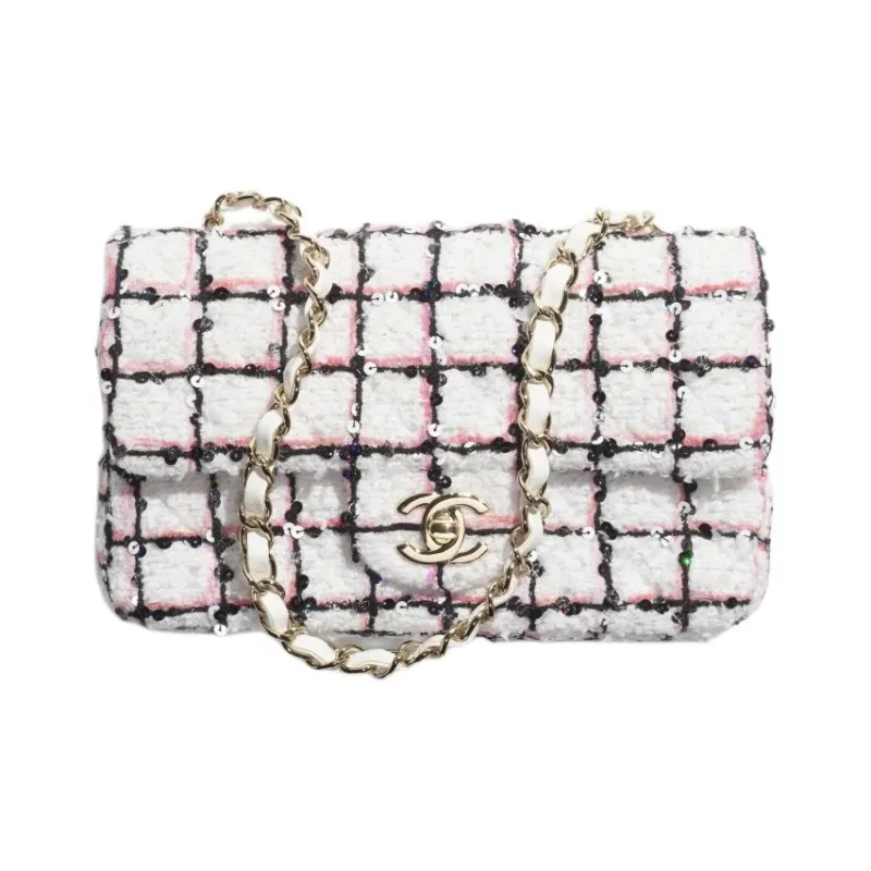 CHANEL Tweed One Shoulder Handbag Mini Women's White & Black & Light Pink-0