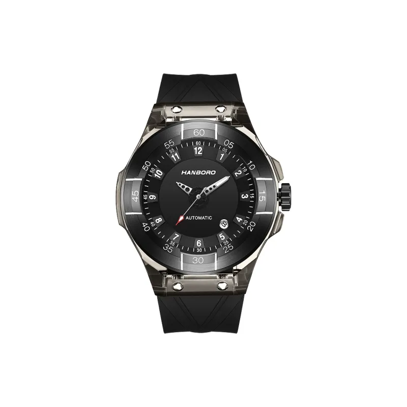 HANBORO Mechanical Movement Silicone Strap Watch Men's Watches Black Dial-6