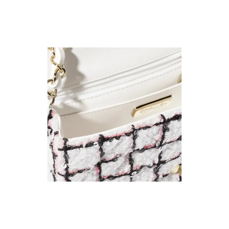 CHANEL Tweed One Shoulder Handbag Mini Women's White & Black & Light Pink-2
