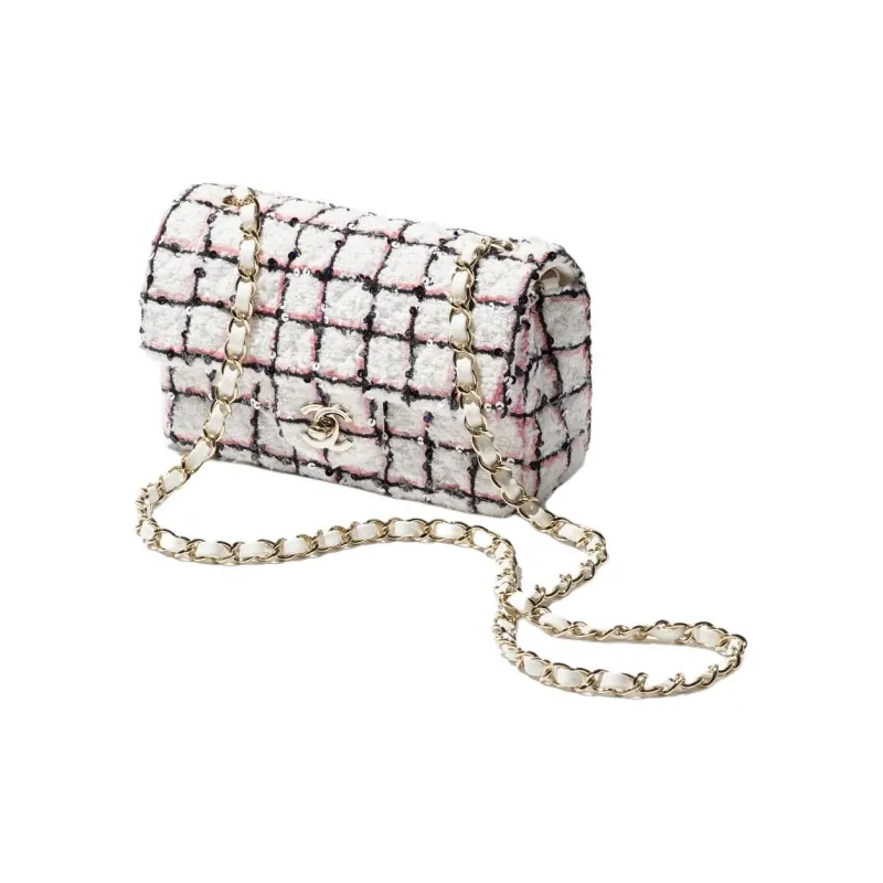 CHANEL Tweed One Shoulder Handbag Mini Women's White & Black & Light Pink-1