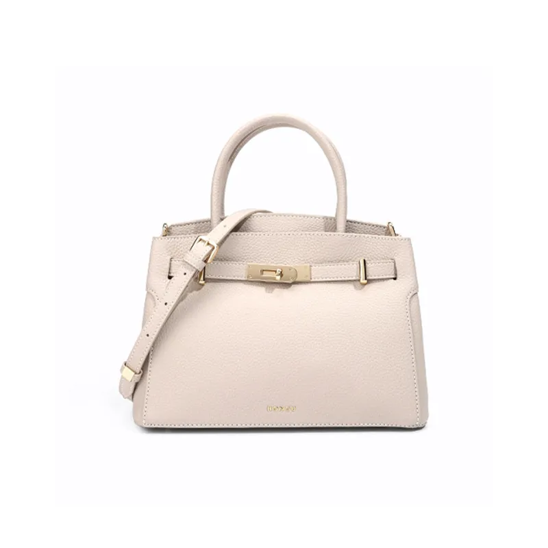 HONGU Split Cow Leather Bonded Synthetic Leather One Shoulder Handbags Women's Khaki Ecru Pitch Black-3