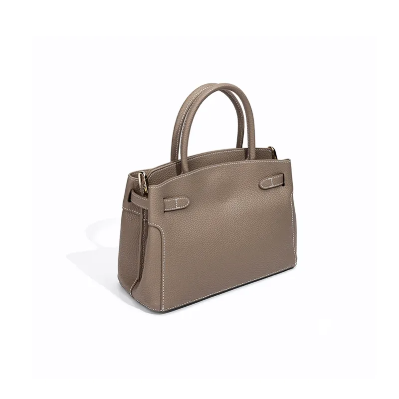 HONGU Split Cow Leather Bonded Synthetic Leather One Shoulder Handbags Women's Khaki Ecru Pitch Black-2