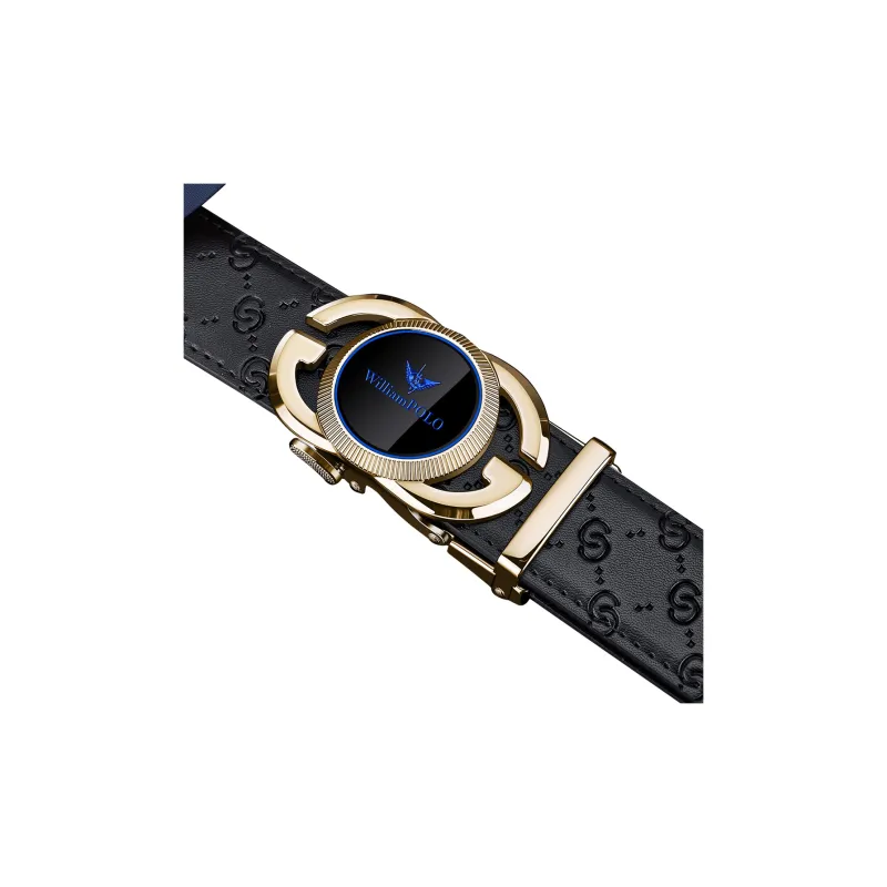 WilliamPOLO Cow Leather Belts Men's Gold Tone Lock Blue Logo Width 3.5cm-1