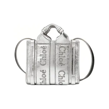 Chloe Woody Calfskin Tote Bag, Shopping Bag, Shoulder Bag, Crossbody Bag, Handbag Mini Women's Silver