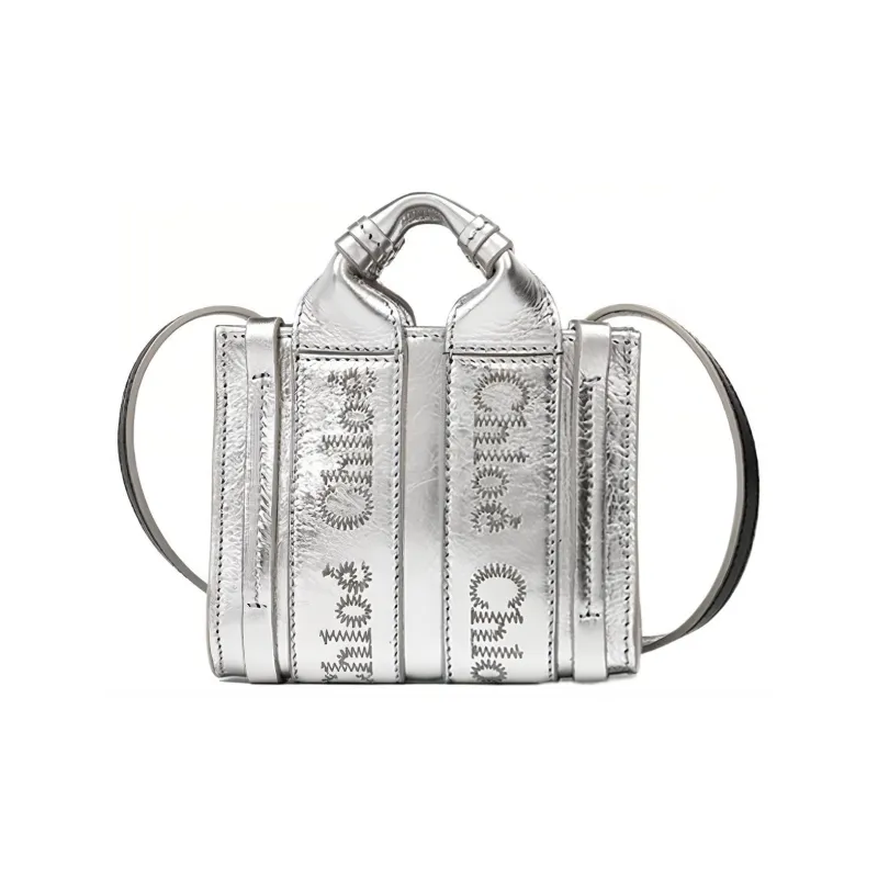 Chloe Woody Calfskin Tote Bag, Shopping Bag, Shoulder Bag, Crossbody Bag, Handbag Mini Women's Silver-0