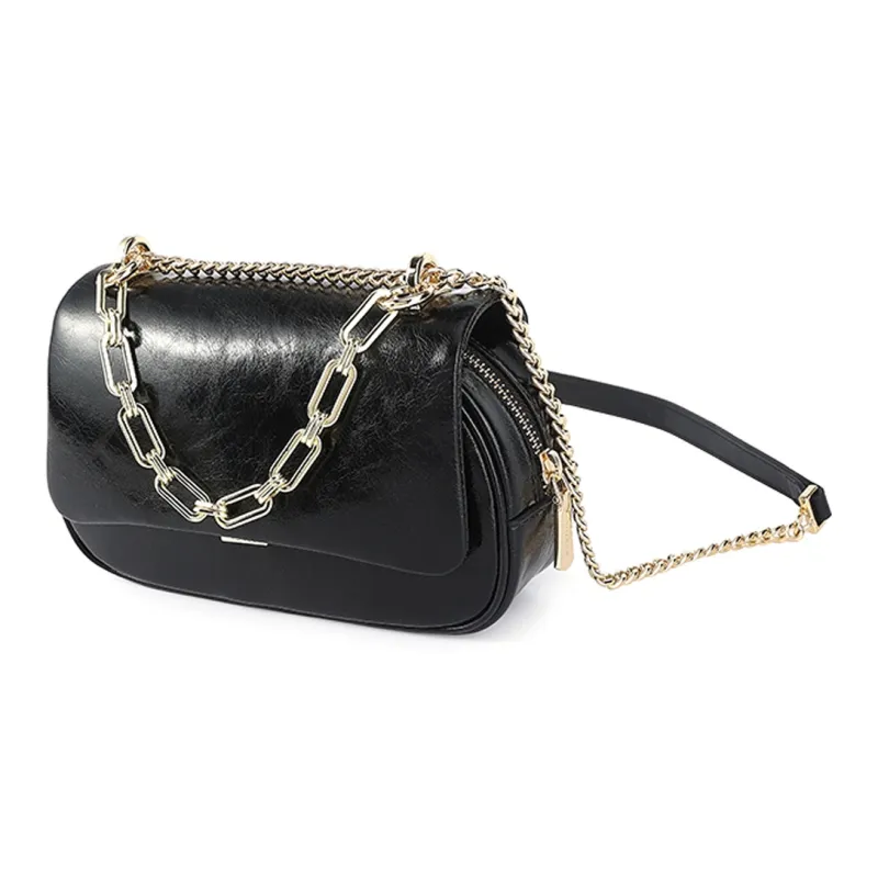 HONGU Split Cow Leather Bonded Synthetic Leather Shoulder Bag Women's Pitch Black Brown Gray White-1