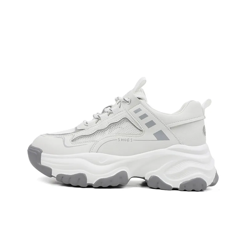 QIAONAI Anti Slip And Wear Resistant Breathable Low Top Chunky Sneakers Women's White Gray-0