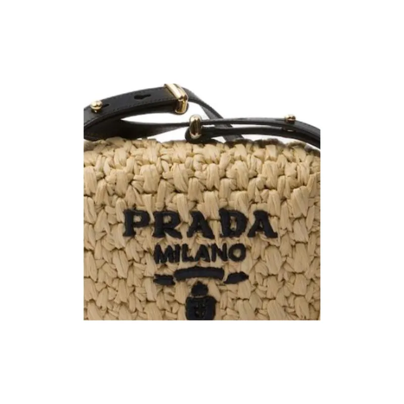 PRADA Raffia With Leather Shoulder Bag, Crossbody Bag Women's Beige & Black-5