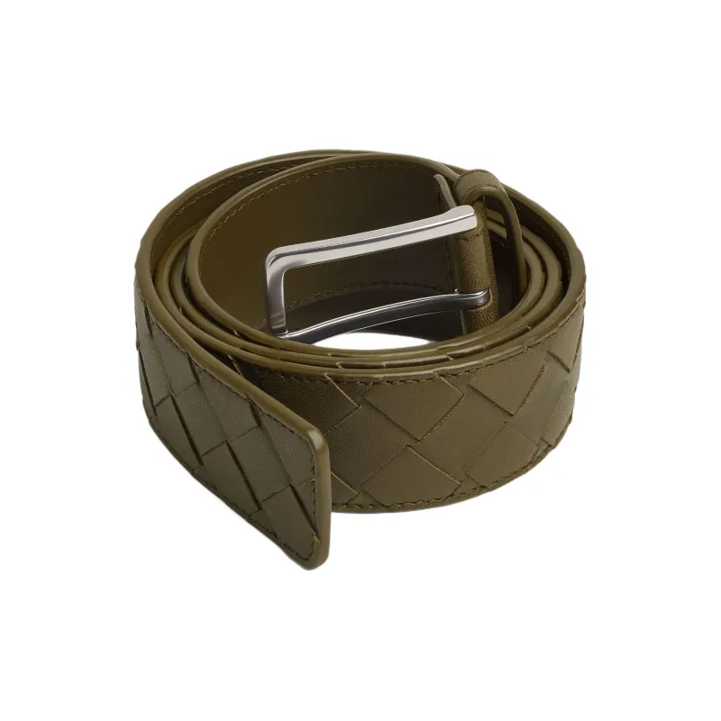 Bottega Veneta Silver Pin Buckle Design Calfskin Leather Belts Men's Green Width 3.5CM-1