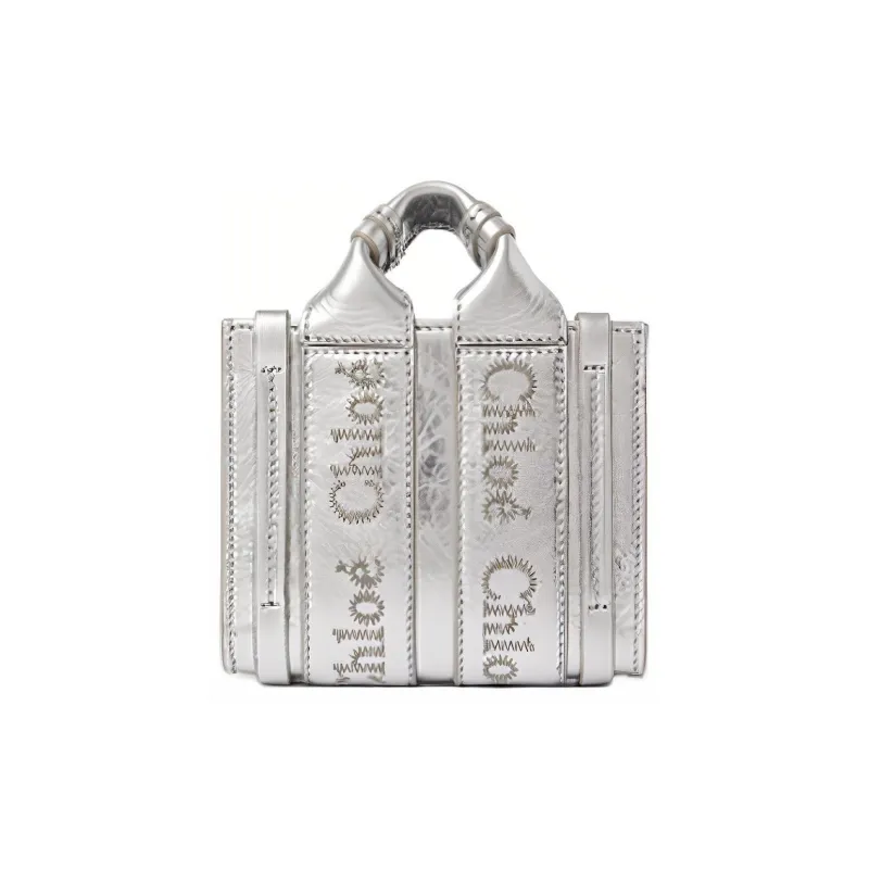 Chloe Woody Calfskin Tote Bag, Shopping Bag, Shoulder Bag, Crossbody Bag, Handbag Mini Women's Silver-1