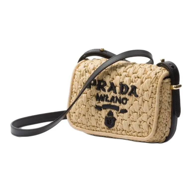 PRADA Raffia With Leather Shoulder Bag, Crossbody Bag Women's Beige & Black-1