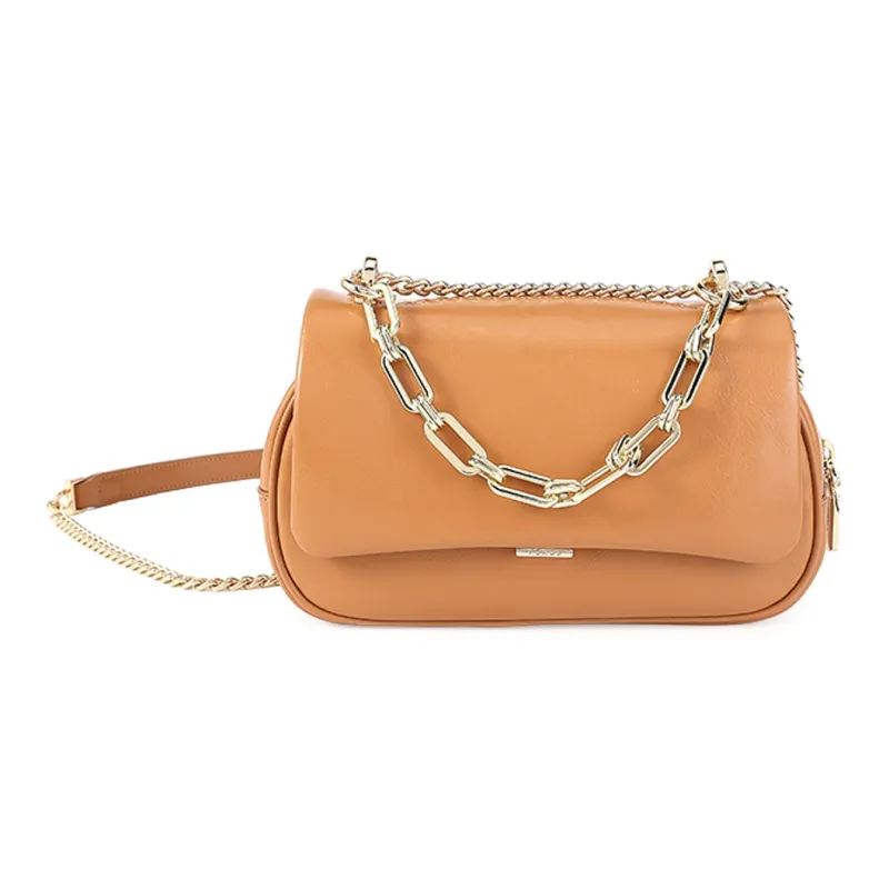 HONGU Split Cow Leather Bonded Synthetic Leather Shoulder Bag Women's Pitch Black Brown Gray White-3