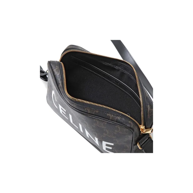 CELINE Triomphe Canvas With Calfskin Messenger Bag Shoulder Bag Crossbody Bag Medium Size Men's Black-3