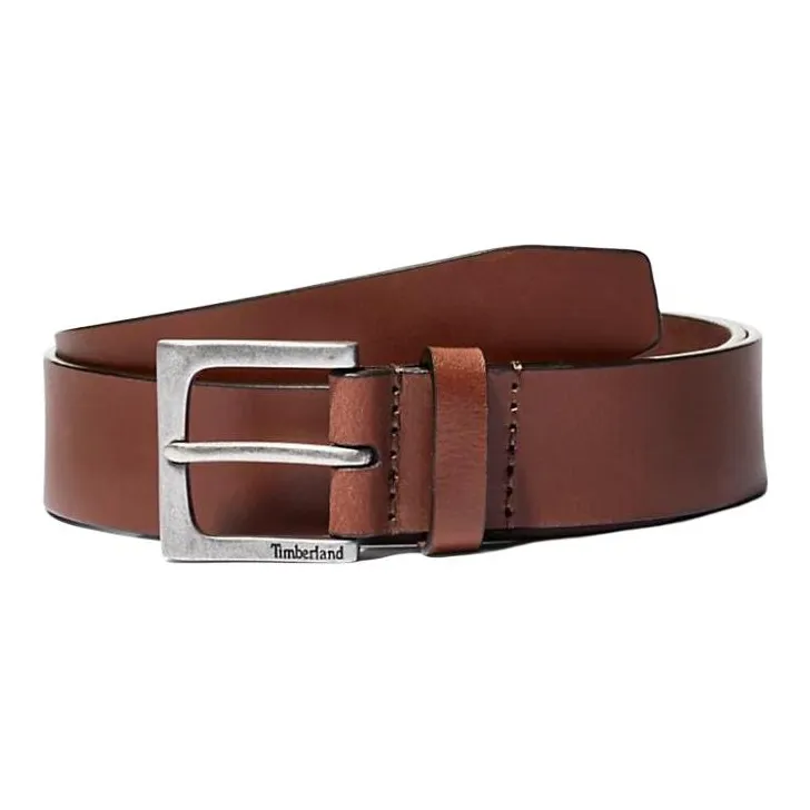 Timberland Letter Carving Logo Leather Belts Men's Brown Width 3.5CM-0