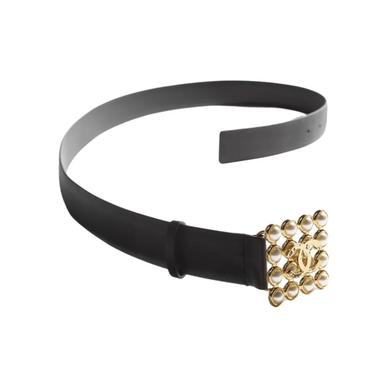CHANEL Logo Emblem Pin Buckle Leather Belts Women's Black-1