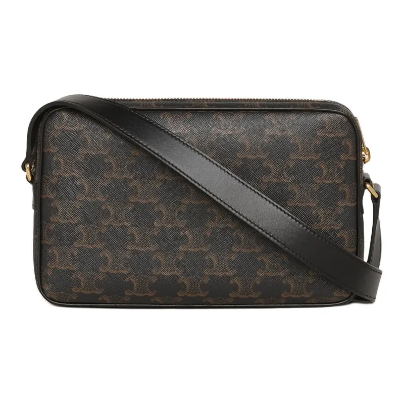 CELINE Triomphe Canvas With Calfskin Messenger Bag Shoulder Bag Crossbody Bag Medium Size Men's Black-1