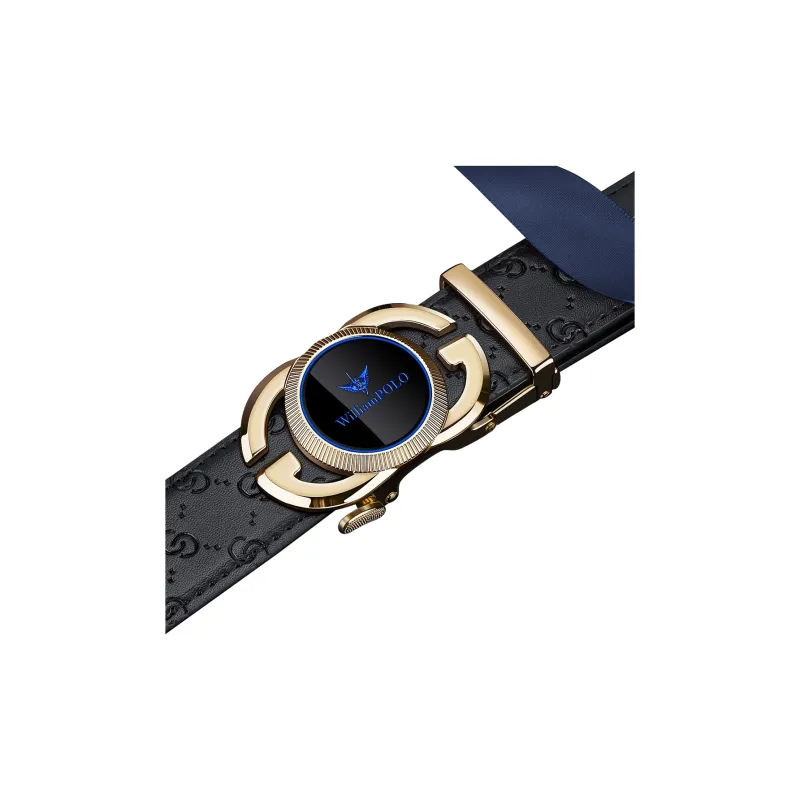 WilliamPOLO Cow Leather Belts Men's Gold Tone Lock Blue Logo Width 3.5cm-2