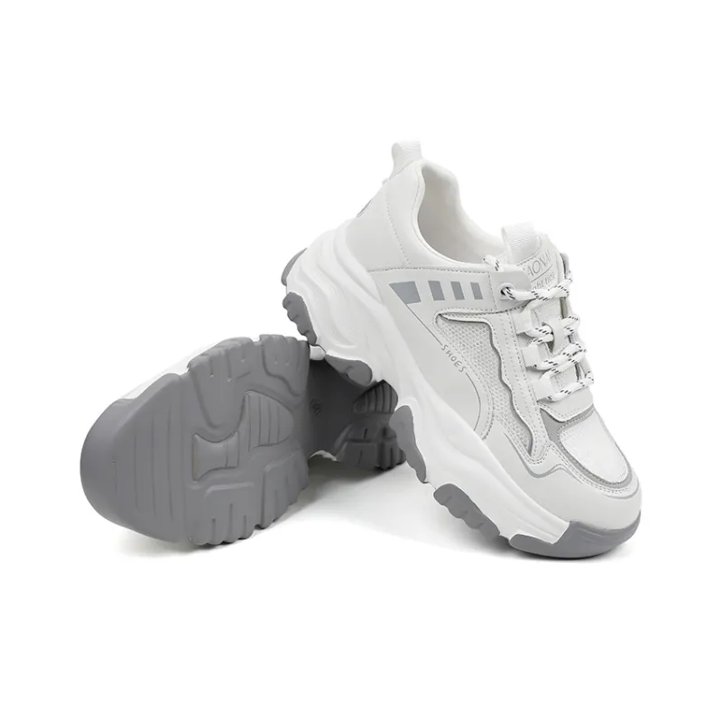 QIAONAI Anti Slip And Wear Resistant Breathable Low Top Chunky Sneakers Women's White Gray-3