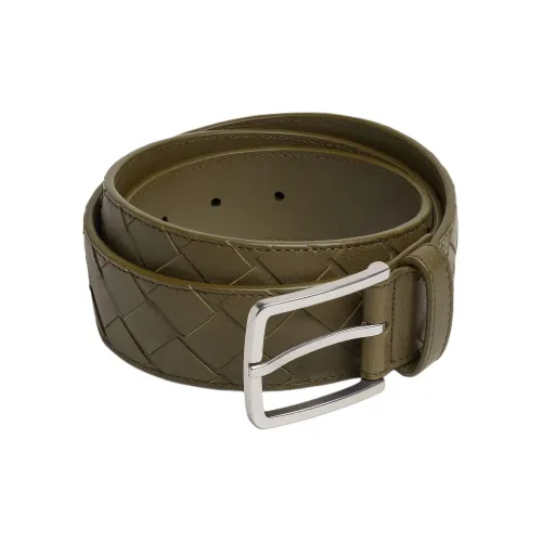 Bottega Veneta Silver Pin Buckle Design Calfskin Leather Belts Men's Green Width 3.5CM