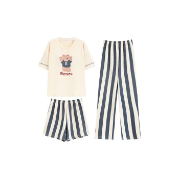 Mulong Family Pajama Set Women's Apricot/Gray Blue Stripes