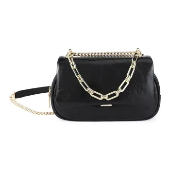 HONGU Split Cow Leather Bonded Synthetic Leather Shoulder Bag Women's Pitch Black Brown Gray White