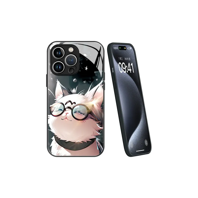 Lingtao Glass Material Chubby Cute Glass Cat Phone Cases Iphone 15 Collection Cartoon Cute Style Refreshing-5