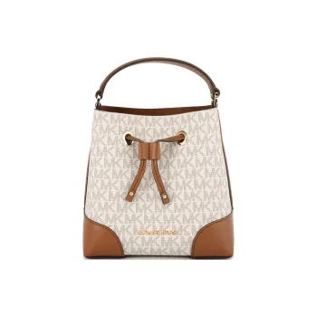 MICHAEL KORS Mercer Coated Canvas Bucket Bag Handbag Shoulder Bag Crossbody Bag Small Size Women's White & Brown