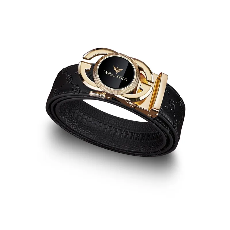 WilliamPOLO Cow Leather Belts Men's Gold Tone Lock Blue Logo Width 3.5cm-4