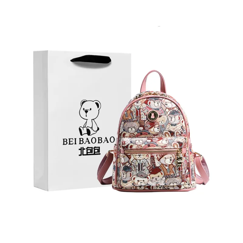 North Pack Canvas Student Backpack Regular Women's Navy Blue/Pink/Brown-6