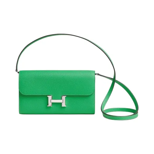 HERMES Evercolor Calfskin With Cavale Canvas Wallet Crossbody Bag Women's Comics Green Multicolor With Bubble Green