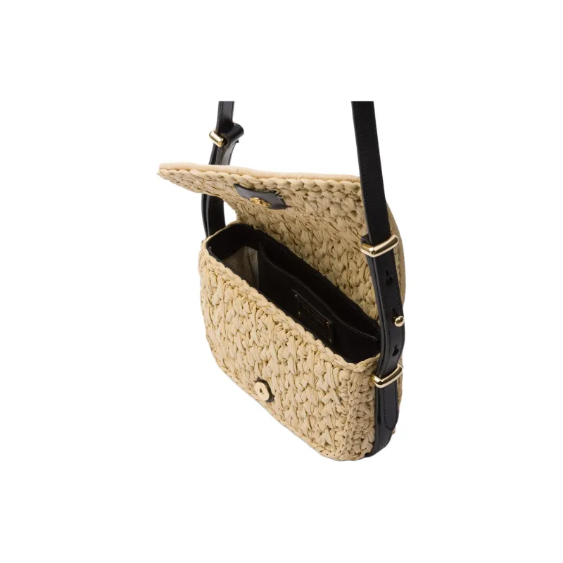 PRADA Raffia With Leather Shoulder Bag, Crossbody Bag Women's Beige & Black-4