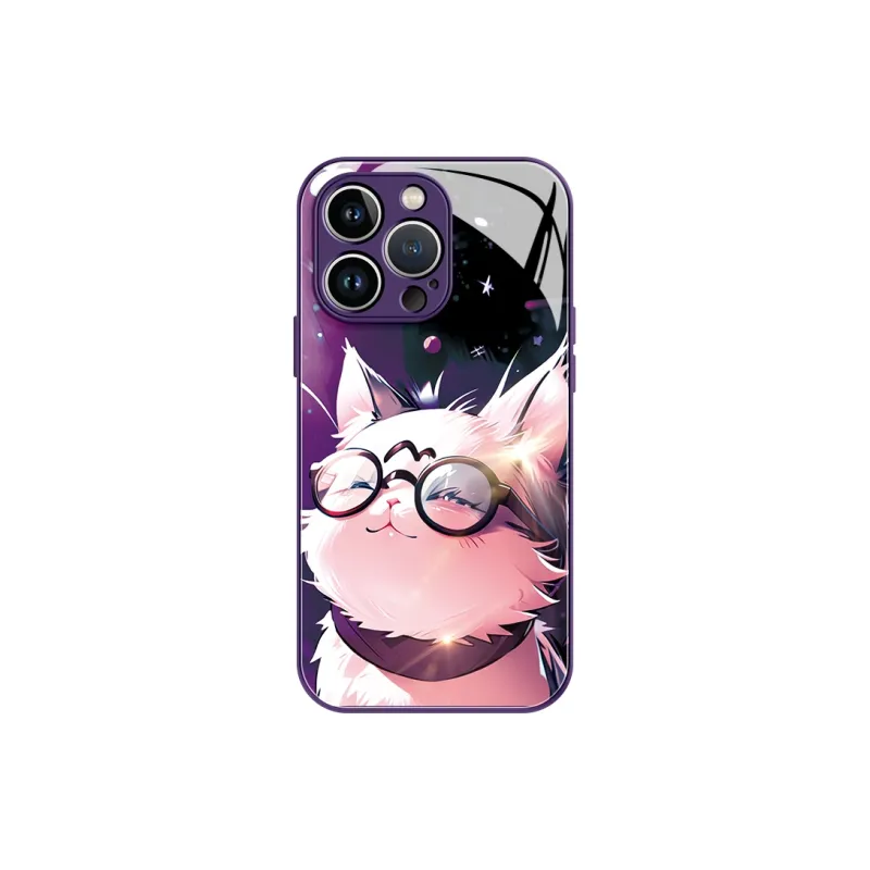 Lingtao Glass Material Chubby Cute Glass Cat Phone Cases Iphone 15 Collection Cartoon Cute Style Refreshing-3