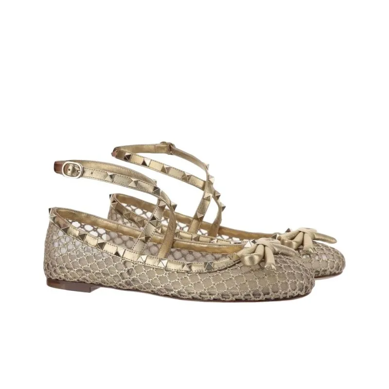 Valentino Garavani Rockstud Bow Detailed Mesh Ballerina Shoes Women's-2