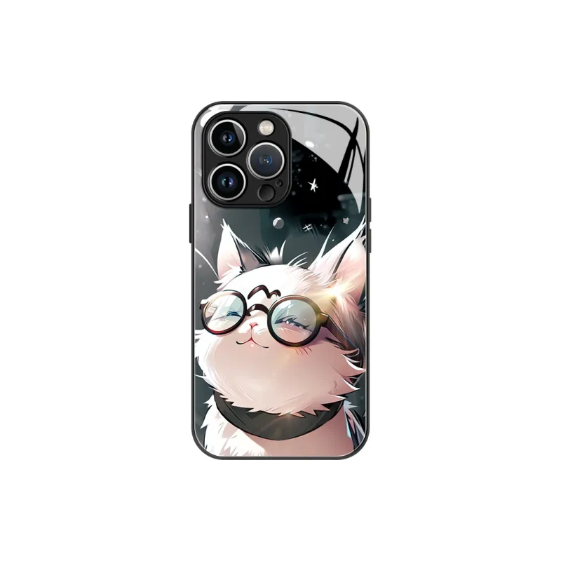 Lingtao Glass Material Chubby Cute Glass Cat Phone Cases Iphone 15 Collection Cartoon Cute Style Refreshing-4