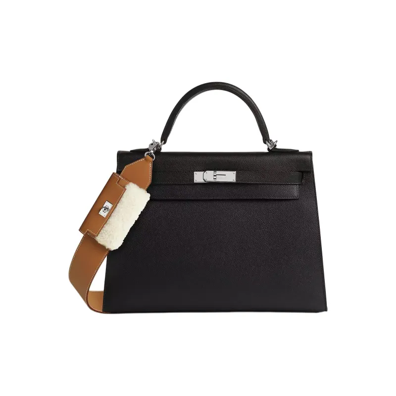 HERMES Kelly Pocket Swift Calfskin With Shearling Bag Straps Women's Gold With Light Beige Accents-2