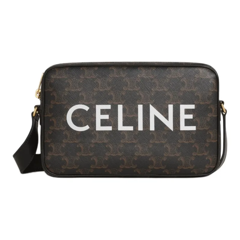 CELINE Triomphe Canvas With Calfskin Messenger Bag Shoulder Bag Crossbody Bag Medium Size Men's Black-0
