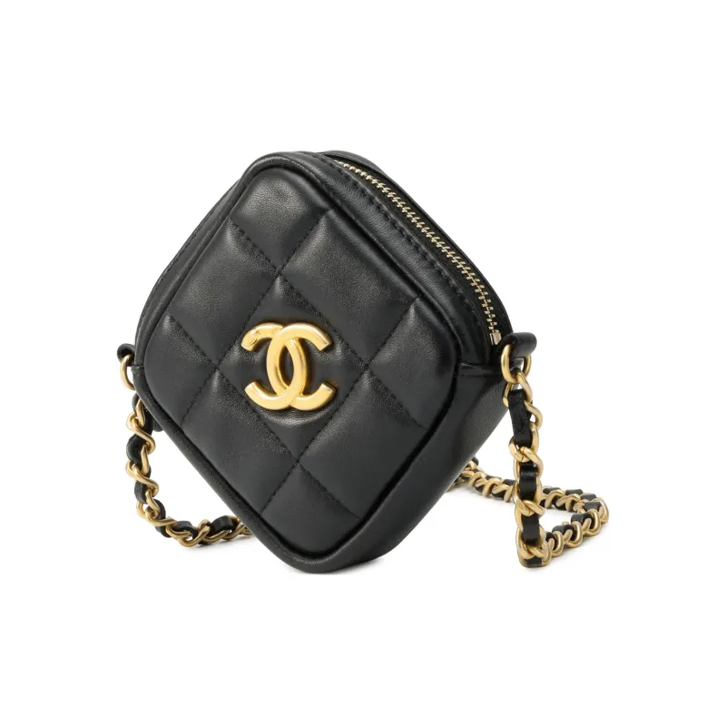 CHANEL Cow Leather Diamond Bag, Chain Bag, Coin Purse, Shoulder Bag, Crossbody Bag Mini Women's Black-1
