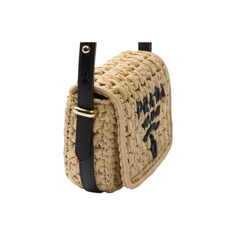 PRADA Raffia With Leather Shoulder Bag, Crossbody Bag Women's Beige & Black-3