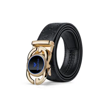 WilliamPOLO Cow Leather Leather Belts Men's Gold Tone Lock Blue Logo Width  3.5cm