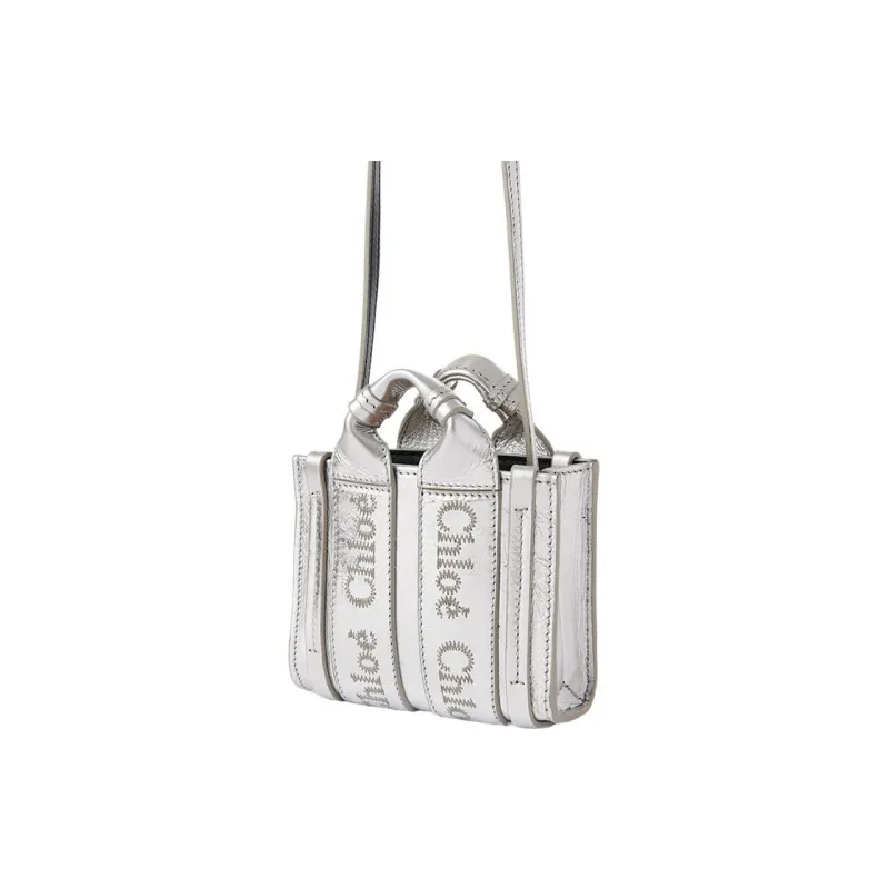 Chloe Woody Calfskin Tote Bag, Shopping Bag, Shoulder Bag, Crossbody Bag, Handbag Mini Women's Silver-2