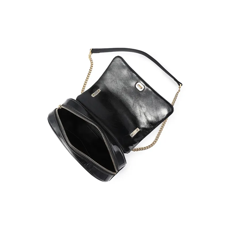 HONGU Split Cow Leather Bonded Synthetic Leather Shoulder Bag Women's Pitch Black Brown Gray White-2