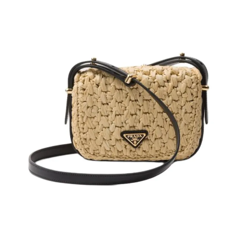 PRADA Raffia With Leather Shoulder Bag, Crossbody Bag Women's Beige & Black-2