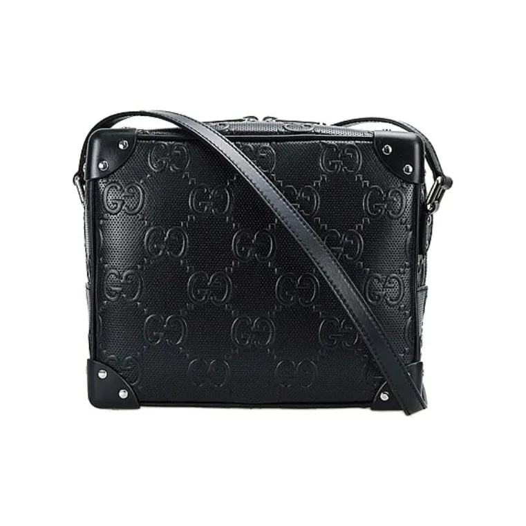 GUCCI Leather Box Bag, Small Square Bag, Shoulder Bag, Crossbody Bag Unisex Black-0