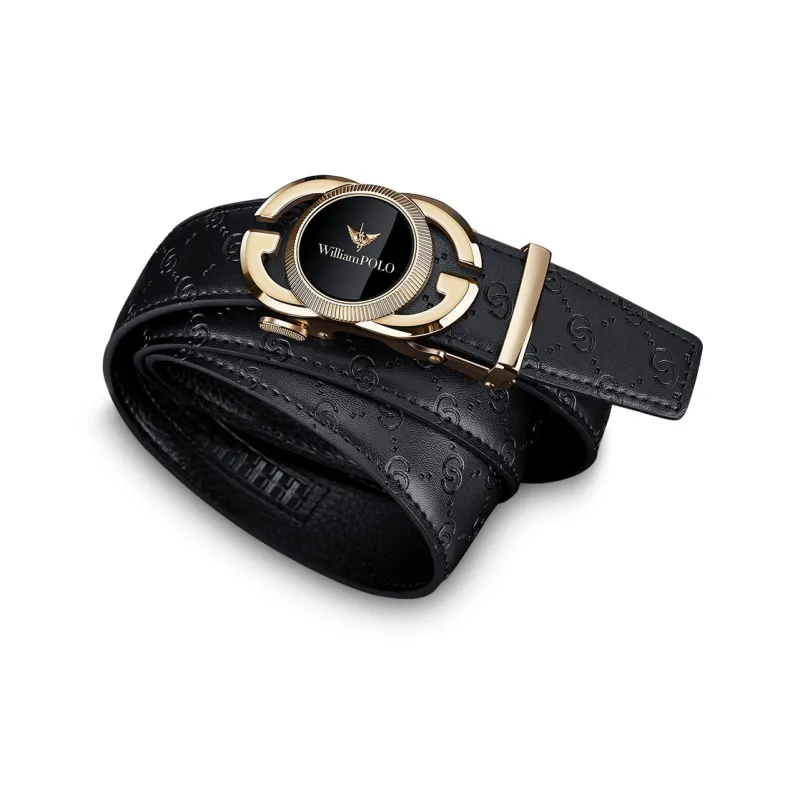WilliamPOLO Cow Leather Belts Men's Gold Tone Lock Blue Logo Width 3.5cm-3