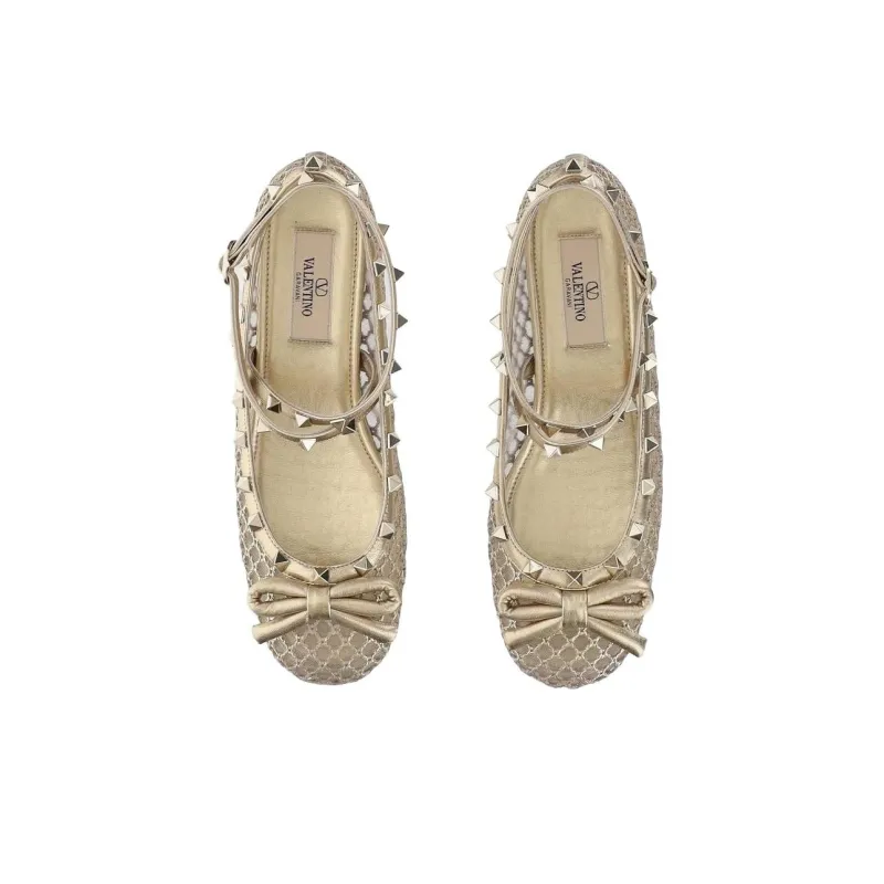 Valentino Garavani Rockstud Bow Detailed Mesh Ballerina Shoes Women's-4