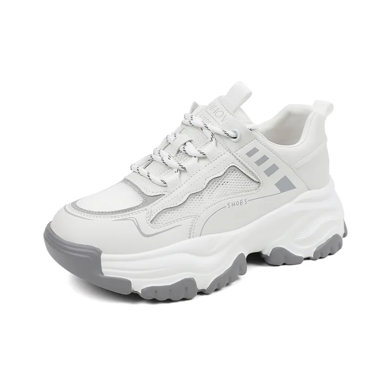 QIAONAI Anti Slip And Wear Resistant Breathable Low Top Chunky Sneakers Women's White Gray-1