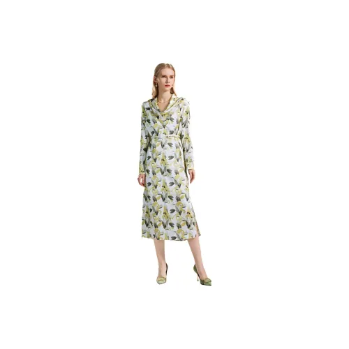 NINI WEST Long-Sleeved Dresses Women's White Background With Green Flowers